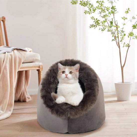 ZOIEpeng Igloo huisdierbed voor katten of kleine honden verwijderbaar kussen wasbaar zacht schuim kattengrot, 50 x 40 x 25 cm, grijs
