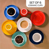 Set van 6 Espresso Kopjes Kleurrijk met Schotels - Keramisch - Houdt Lang Warm - Moderne Kleurenmix - Geschenkverpakking - 70ml