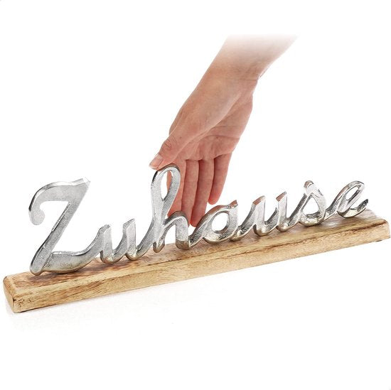 deco display"ZUHAUSE" - belettering van metaal op een mangohouten voet - decoratieve belettering om op te zetten - 40,5x13x5cm