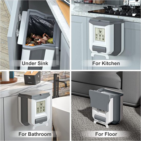 Opvouwbare hangende afvalemmer met deksel, keuken, camping, opvouwbare afvalemmer, keuken, afvalemmer, ophangbaar voor keuken/camping/auto/badkamer/kantoor/slaapkamer (grijs)