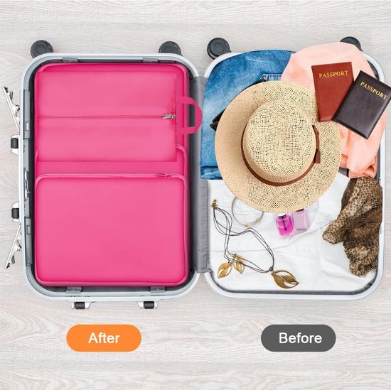 Kofferorganizerset, ultralichte verpakkingstassen met compressie, S, M, L, XL verpakkingsblokjes, compressietas voor kleding en schoenen, kledingtassen als bagage-organizerset, rozerood