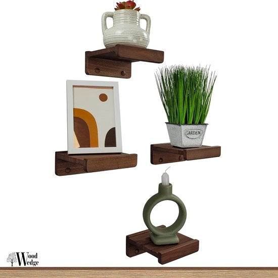 Set van 4 zwevende wandplanken, rustieke houten rekken met lip, kinderboekenplanken, foto- en fotorek voor slaapkamer, woonkamer, badkamer, keuken, kantoor (Americaanse walnoot, 13 cm)