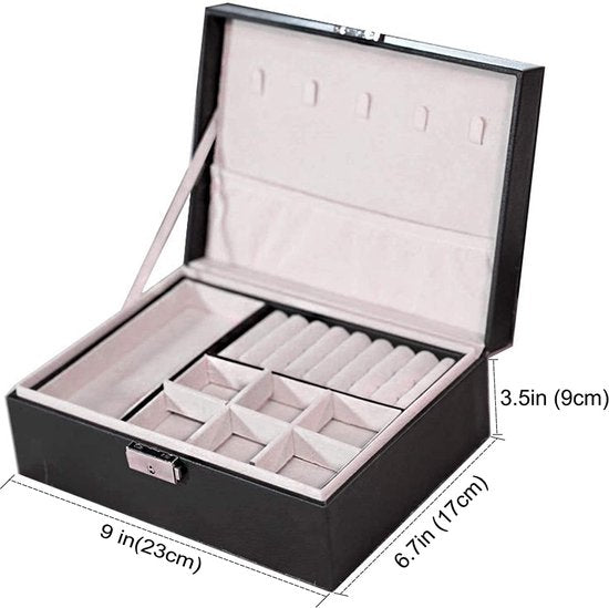 Sieradendoos Organizer 2-laags Afsluitbaar PU-leer Sieradendoosje Sieradenhouder Ketting Horloge Opbergdoos met Deksel Verwijderbare Oorbel Divider Zwart
