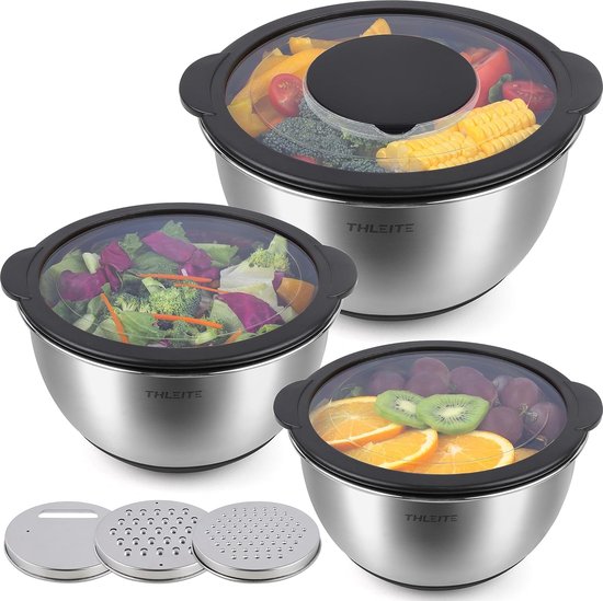 Roestvrijstalen kommenset met deksel, 3 stuks, 1,4 l + 2,8 l + 4,7 l, mengkom, slakom, serveerkom, stapelbaar, 3 raspopzetstukken