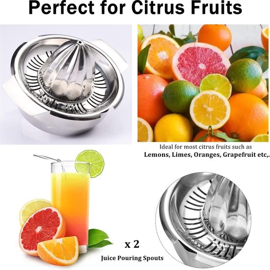 handgemaakte citruspers, 450 ml, van roestvrij staal 18/8, robuuste metalen limoenpers, grapefruit, sinaasappelpers, handruimer, citrusvruchten, sapcentrifuge met houder, vaatwasmachinebestendig