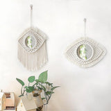 2 stuks muurhangende decoratieve spiegel met geweven franje macrame wanddecoratie, ivoorwitte boho wandspiegel