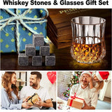 Whiskystenen cadeauset, whiskycadeau voor mannen met 2 whiskyglazen + luxe handgemaakte houten kist & fluwelen tas Perfecte familie en vrienden