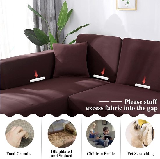 Bankhoes, Elastisch, Stretch, Spandex, Bankhoes voor L-vormige bank, Universeel, Wasbaar, 2-delig, Antislip (2-zits+3-zits, koffie)