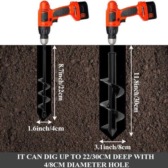 2 stuks 30 x 8 & 22 x 4 cm tuinboor, grondboor voor boormachine, slakken, spiraalboor, plantengereedschap met tuinhandschoenen voor Rapid Planter, zaailingen, bloembollen