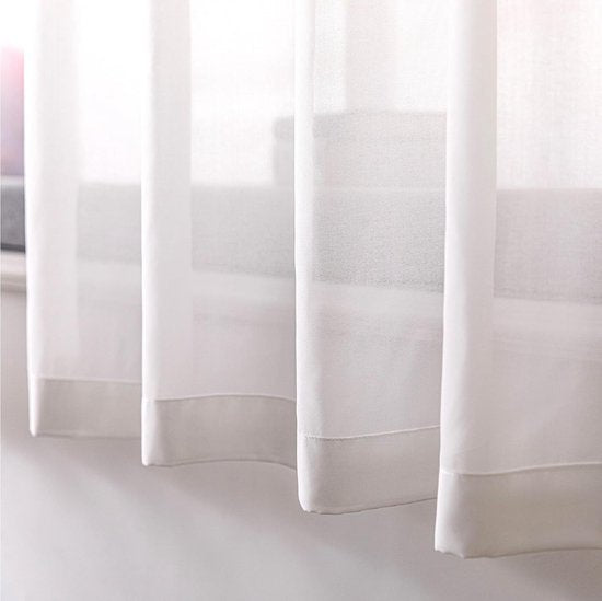 Vitrage bistrogordijn, wit, halftransparante gordijnen, set van 2 bistrogordijnen, voile transparant, kort voile gordijn met lussen, privacy, raamgordijn, decoratie voor woonkamer, keuken