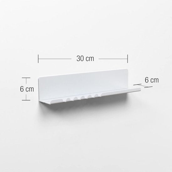 Wandplank 30 x 6 x 6 cm met 5 haken en kabelhouders, gemaakt van gepoedercoat plaatstaal. Inclusief sleutelrek-organizer en letters voor entree, keuken, kantoor. Kleur: wit.