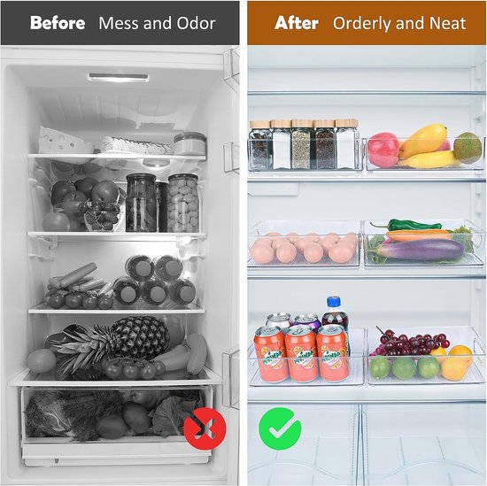 Koelkastorganizer, 6 stuks opbergsysteem voor koelkast, transparante opbergdozen met handgrepen, stapelbare kast-organizer voor koelkast, keuken, doos, BPA-vrij