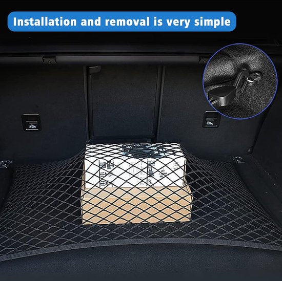 Kofferbaknet, bagagenet voor de auto, 80 x 60 cm, strekt zich uit tot 160 x 120 cm, universeel auto-net met 4 massieve haken, nylon super elastisch kofferbaknet, bagagenet