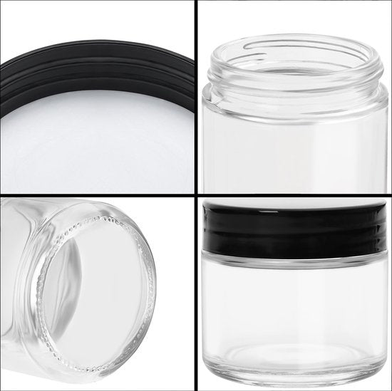 Belle Vous Rond Doorzichtige Glazen Potten met Zwart Plastic Schroefdoppen (12 Pak) – 60 ml Lege Cosmetische Containers – Potten Voor Kruiden, Specerijen, Reizen, Crèmes, Lotions en Make-up