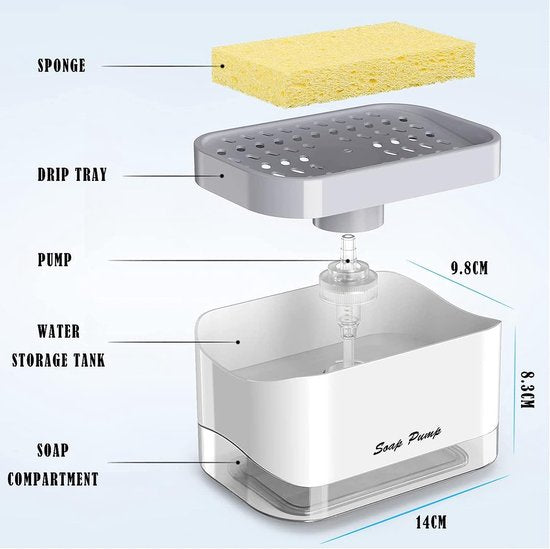 Keuken zeepdispenser, bijgewerkte versie, handmatige pers, vloeistofpomp, wasmiddel, navulbaar, bewaarcontainer + sponshouder, 2-in-1 zeepdispenser, afwasmiddeldispenser, keuken, badkamer, wasruimte