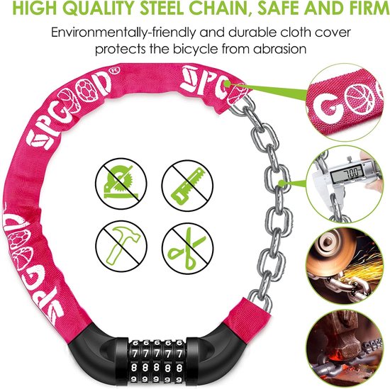 Fietsslot (14 kleuren) met cijfers en hoog veiligheidsniveau, fietskettingslot, cijfercode combinatieslot, geharde stalen schakels (roze)