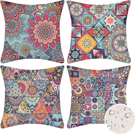 Set van 4 mandala kussenhoezen, 40 x 40 cm, waterdicht, boho, linnen, sierkussenhoezen, etno, voor slaapkamer, bank, auto, woondecoratie, 40 x 40 cm, 40 x 40 cm
