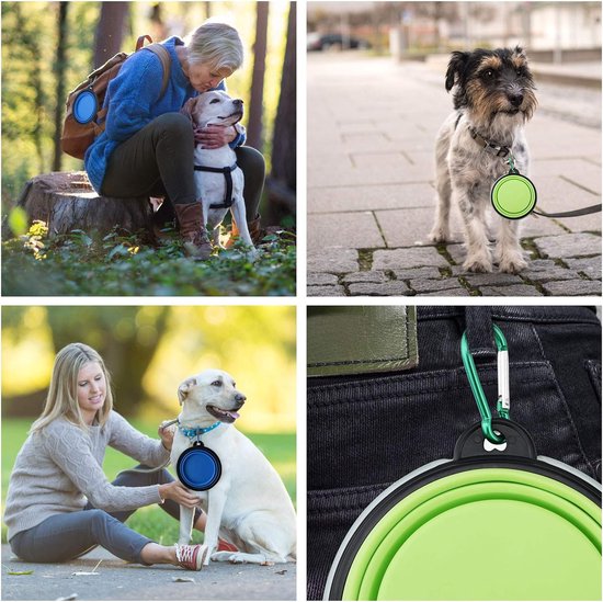 Set van 2 opvouwbare hondenbakken, reisbak voor huisdieren met deksel en haak, draagbare siliconen voerbak, hondenbak voor reizen, wandelingen, kennel, kamperen (450 ml, blauw en groen)