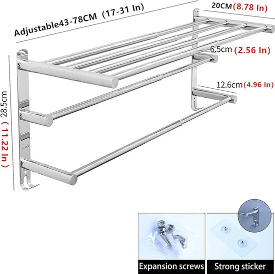 Towel Rail Extendible 43-78 cm Stainless Steel No Drilling Towel Rail Wall Shelf Suitable for Bathroom Kitchen Bath Towel Holder (3-Layer Shelf)