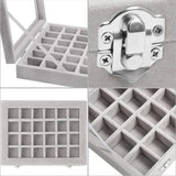 Organizer ring opbergdoos, sieradendoos grijs (24 vakken), fluwelen doos met glazen deksel, 20,2 x 15,1 x 4,6 cm, sieradendoos voor ringen, oorbellen, armbanden, hout, glas