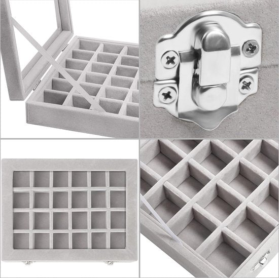 Organizer ring opbergdoos, sieradendoos grijs (24 vakken), fluwelen doos met glazen deksel, 20,2 x 15,1 x 4,6 cm, sieradendoos voor ringen, oorbellen, armbanden, hout, glas