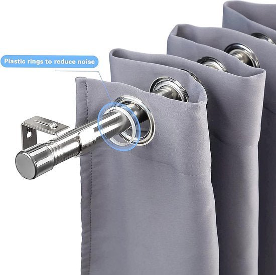 Gordijnstangen met kapknoppen, 76-157 cm, zilveren gordijnroede (zilveren eindkappen) met houders, beslagset, raamstangen voor woonkamer en buiten