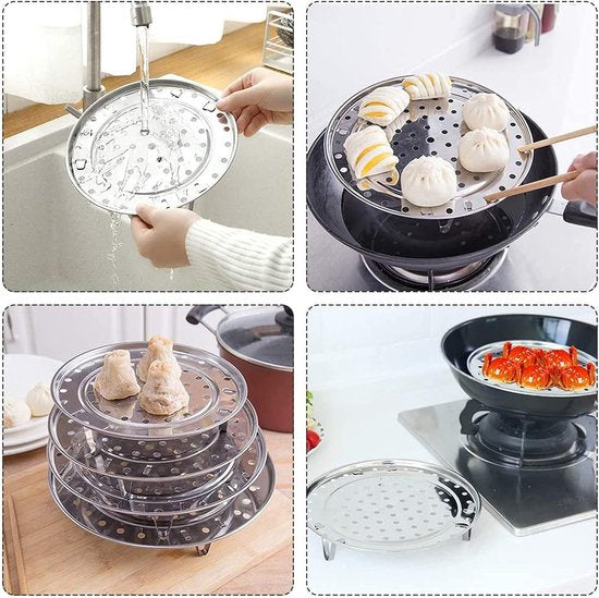 Roestvrijstalen stoompan, 5 stuks, stoominzetstuk, ronde standaard, stoominzet van roestvrij staal, voor kookpannen, potten, taartrooster, afkoelrooster voor koken, braden, bakken, 18/20/22/24/26 cm.