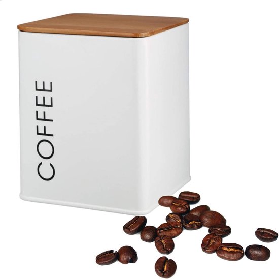 Kerafactum Koffieblik met deksel | blik voor losse thee koffie suiker | vintage retro stijl | voorraadpotten van metaal cafe bowl suikerpot theedoos in wit | bamboe deksel siliconen afdichting