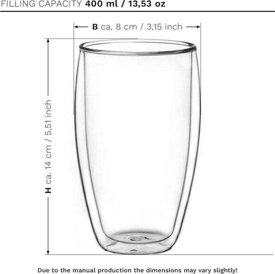 Creano dubbelwandig thermoglas 400 ml “DG-SH”, groot dubbelwandig glas van borosilicaatglas, dubbelwandige koffieglazen, theeglazen, latteglazen, set van 2 stuks