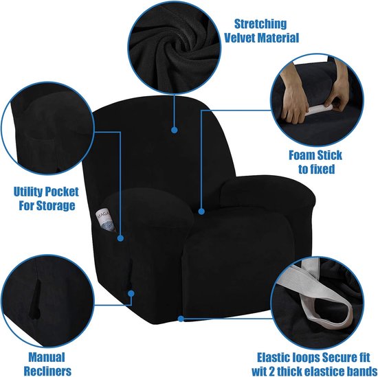 Fluwelen optische stretchhoes voor relaxstoel, fauteuilhoes, complete stoelbeschermer, elastische hoes voor televisiestoel, ligstoel (zwart)