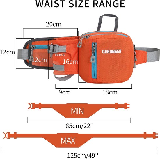 Waterdichte heuptas, heuptas met flessenhouder, voor dames en heren, geschikt voor reizen, sport, hardlopen en alle outdooractiviteiten, heuptas voor dames en heren, oranje, 29cm*18cm*3.5cm