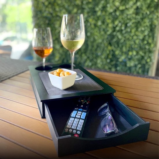 Bench-armtafel, armleuningen, tafelhouder voor bank, dienbladen voor salontafel, zijorganizer voor apparaten en afstandsbediening, bank- en bed-drinkplank met lade (Zwart)