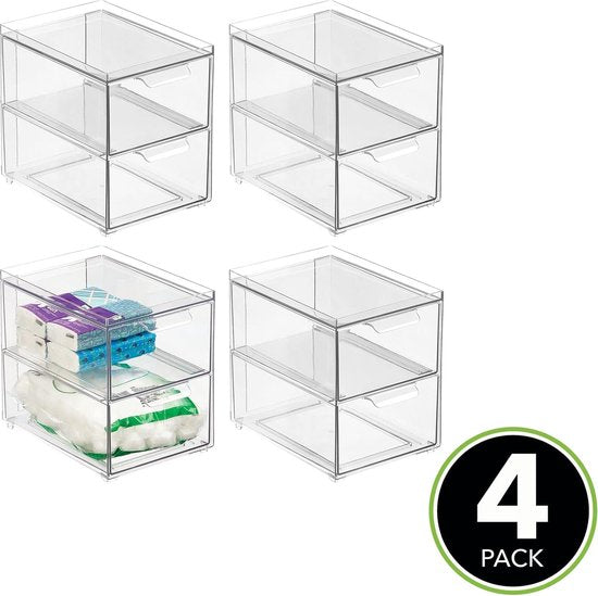 Cosmetische Organizer - Stapelbare Plastic Ladebox met 2 Laden - Praktische Box voor het opbergen van Badkamerartikelen - Set van 4 - Doorzichtig