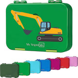 Bento Box lunchbox voor kinderen, met 4 + 2 vakken, extreem robuust, broodbox, ideaal voor kleuterschool en school (groen, graafmachine)