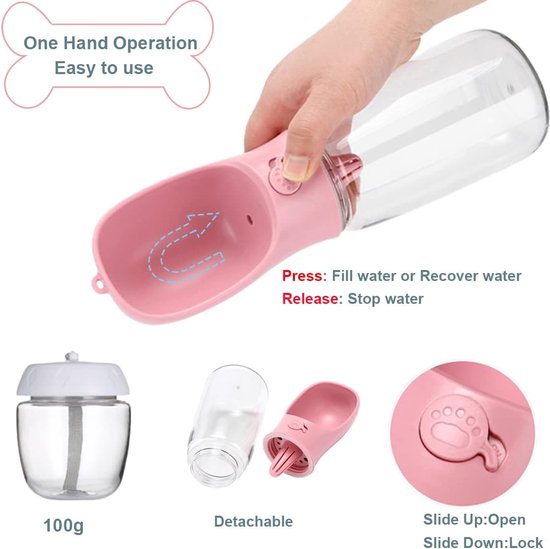 Hondenwaterfles voor honden onderweg, 550 ml draagbare hondenwaterfles met 100 ml hondenvoerfles, plastic reisfles voor honden, klein – wit