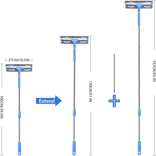 Lange ruitenwisser-wisserset 27 cm, telescopische ruitensproeier met verlengstang en rubberen lip, verstelbare reinigingsset ruitenreiniger voor raam/douche/auto (167 cm)