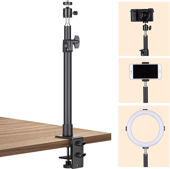 TARION Tafellichtstatief klemstatief 35 - 60 cm instelbaar licht monopod met schroef en extra 360° kogelkop voor fotografie, streaming, video-opnames