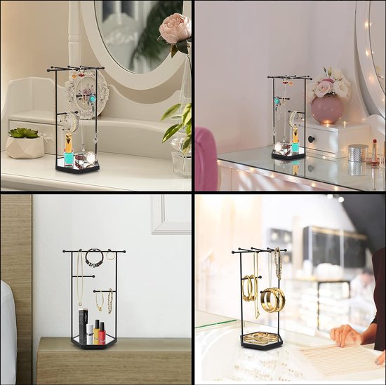 Zwarte sieradenorganizer, sieradenstandaard met zeskantige sokkel, 3-traps metalen sieradenorganizer met spiegelbasis, voor het opbergen van cosmetica, oorbellen, armbanden, ringen en
