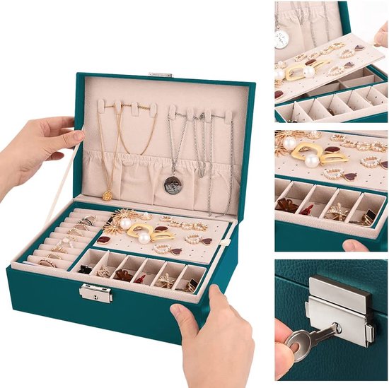 Sieradenkistje voor dames, PU-leer, juwelendoosje, fluweel, sieradendoosje, PU-leer, juwelendoosje met sleutel, voor vrouwen, ringen, oorbellen, armbanden, halskettingen, sieradenorganizer