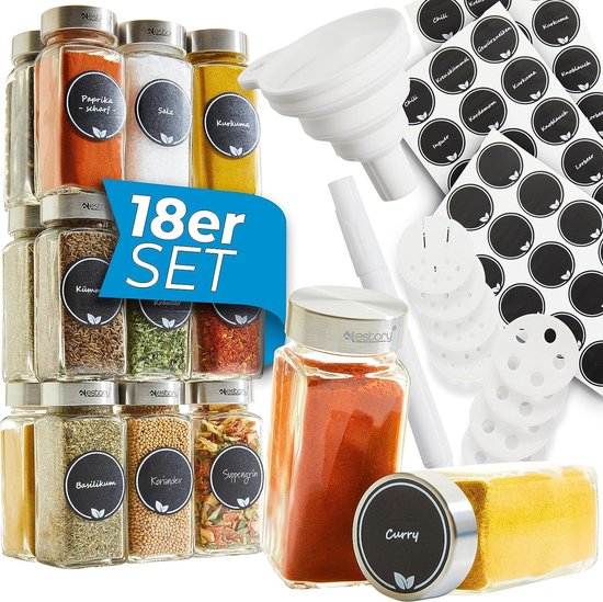 NESTORY kruidenpotjes set - 18 stuks kruidenpotjes met RVS deksel 120ml luchtdicht - vierkant 10,5x4,5cm incl. trechter, etiketten, krijtstift, sproeier opzetstukken