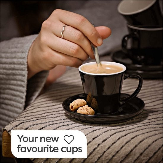 Espresso Kopjes Set van 6 Zwart met schotels - Keramisch - Houdt Lang Warm - Geschenkverpakking - 70ml