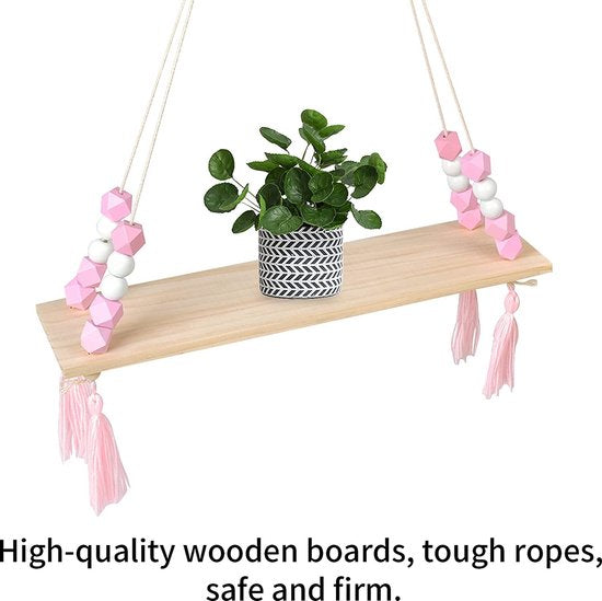 Zwevende plank, hangend houten rek, boho-schommel, touw, zwevende houten planken met haken, voor woonkamer, slaapkamer, wanddecoratie, roze