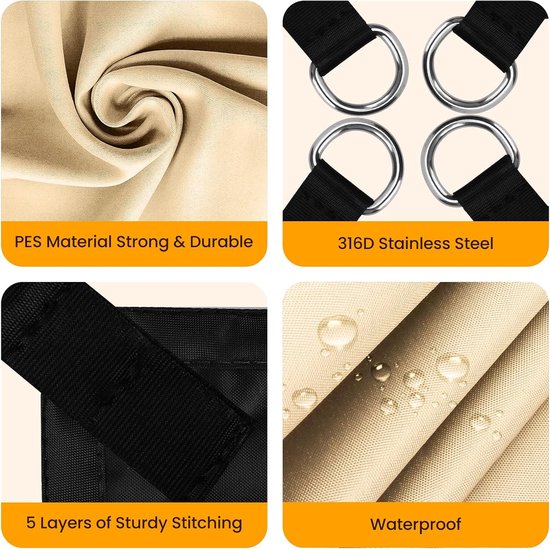 Zonnezeil, rechthoekig, 2 x 3 m, zonnezeil, vierkant, waterdicht, zonwering met inslagringen en bevestigingskoord, voor tuin, terras, camping, buiten, weerbescherming, 95% uv-bescherming, PES