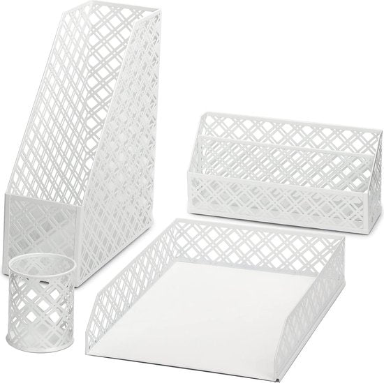 bureau-organizer 4-delige kantoorset/tafelbladplank metalen rooster Inclusief: A4 brievenbakje x 1, A4 krantenrek x 1, brievenhouder x1, pennenhouder x 1 - wit