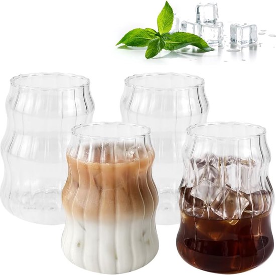 Kleemeiero - Set van 4 cappuccino-/machiatto-glazen - koffieglazen, set van 530 ml, latte macchiato-kopjes, origami-stijl - retro drinkglazen, ijskoffiekopjes, geribbeld, voor perfecte latte