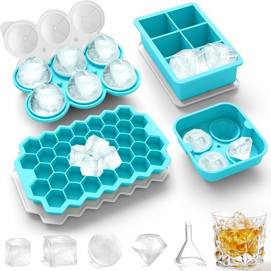Siliconen ijsblokjeshouder met deksel, set van 4, gemakkelijk los te maken, geschikt voor whiskycocktails en sappen enz., LFGB-getest en BPA-vrij (blauw)