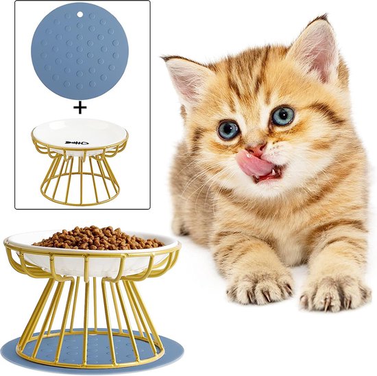 Kattenbak, verhoogde voederbak voor katten, keramiek, kattenbak, keramische set met standaard, antislip, siliconen, verhoogde voederbak, kattenvoerbak voor katten, anti-braken, kattenbak voor katten