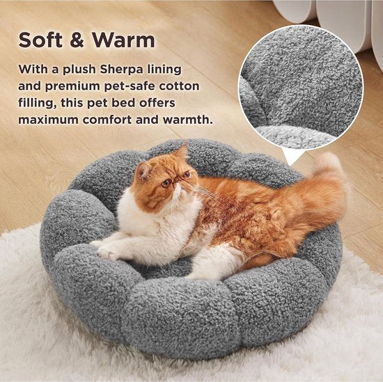 Pluizig kattenbed, voor grote katten, 50 x 50 x 15 cm, knuffelig kattenkussen, wollig, antislip kattenbed, donut voor huiskatten en kleine honden, machinewasbaar, grijs