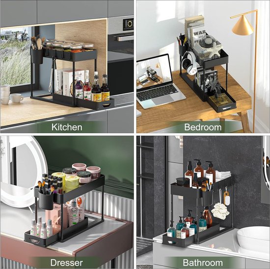 GEMWON Keukenorganizer voor onder de gootsteen, 2-laags schuifbare keukenopslag onder de gootsteen, multifunctionele organisatie voor badkamer, onderste uitschuifbare mand, zwart GEMWON Keukenorganizer voor onder de gootsteen, 2-laags schuifbare keukenopslag onder de gootsteen, multifunctionele organisatie voor badkamer, onderste uitschuifbare mand, zwart