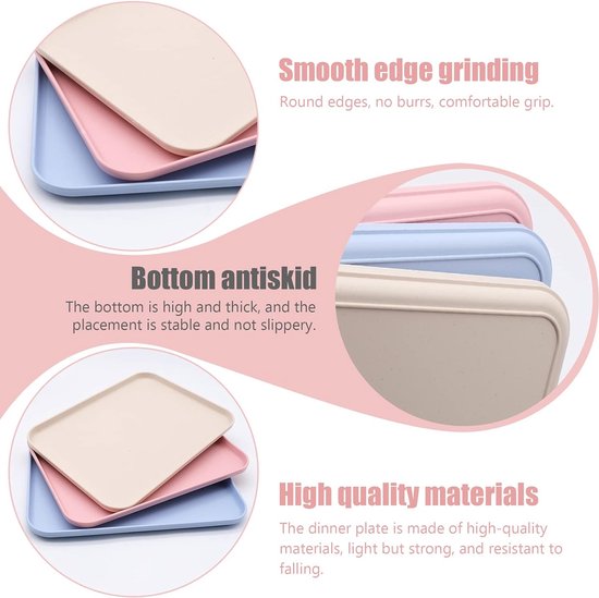 Set van 3 dienbladen, rechthoekige fastfooddienbladen, dienbladen voor voedseldranken, plastic dienblad voor restaurant, café, keuken, feest (roze, blauw, beige)